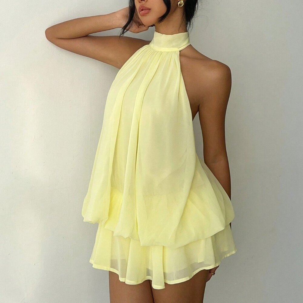 Light Yellow Elegant Women's Chiffon Mini Halter Dress - Picture 5 of 7